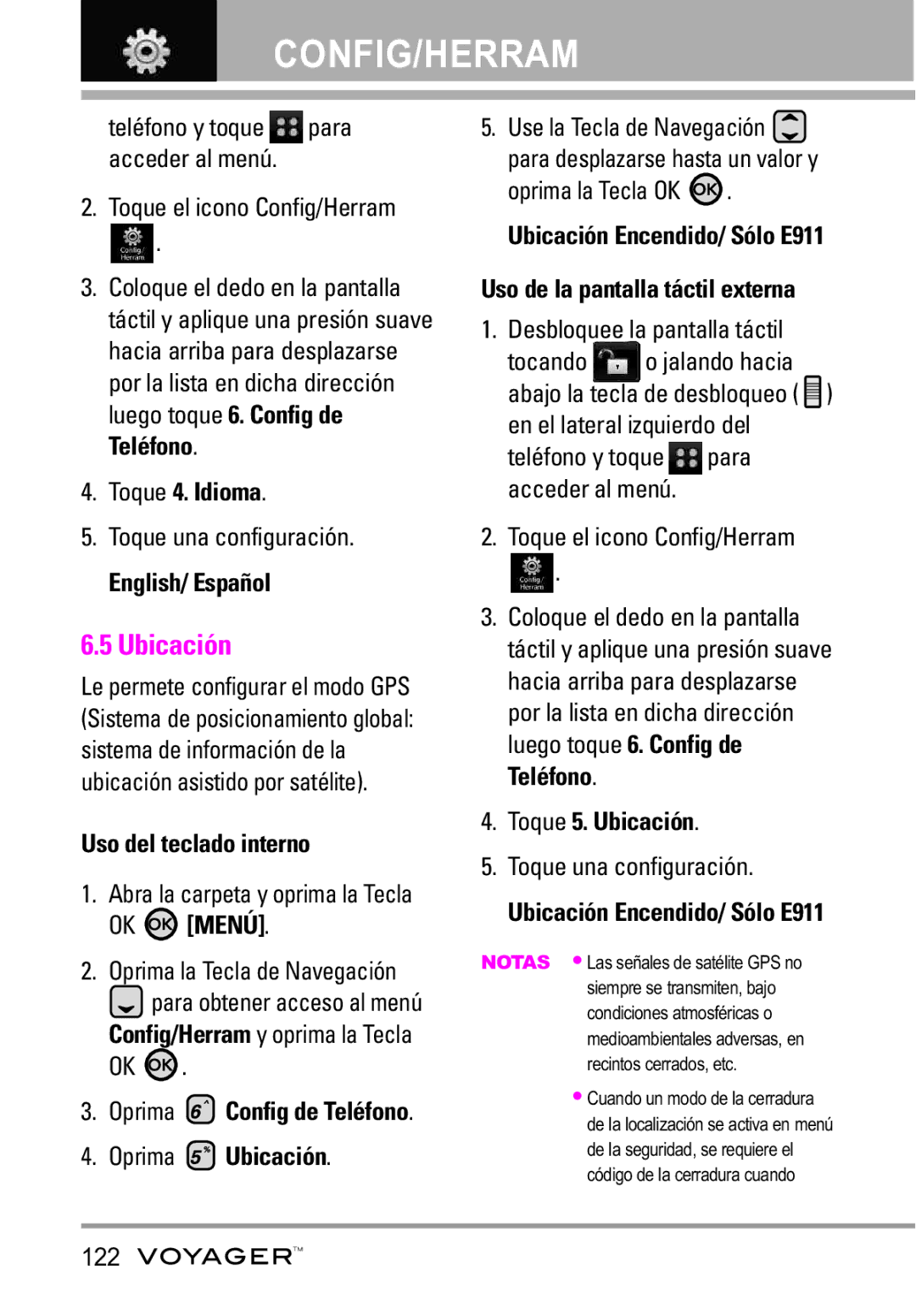 LG Electronics Voyager manual Toque 4. Idioma, Oprima Ubicación, Toque 5. Ubicación, Ubicación Encendido/ Sólo E911 