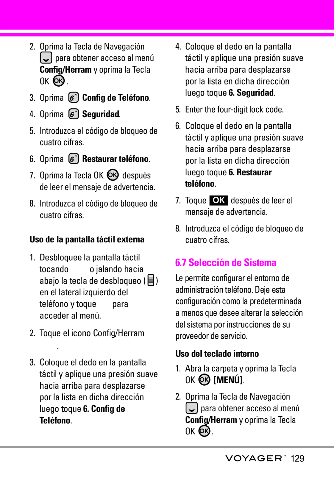 LG Electronics Voyager manual Selección de Sistema, Oprima Restaurar teléfono 