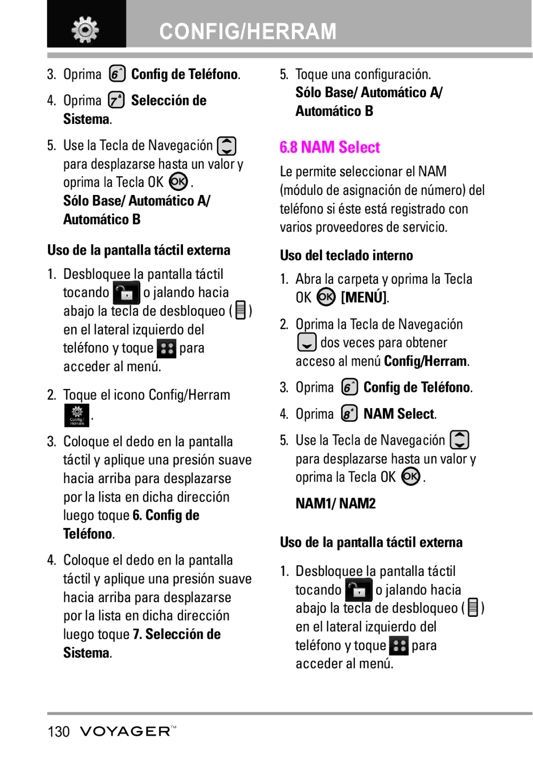 LG Electronics Voyager manual Oprima Selección de Sistema, Oprima Config de Teléfono Oprima NAM Select 