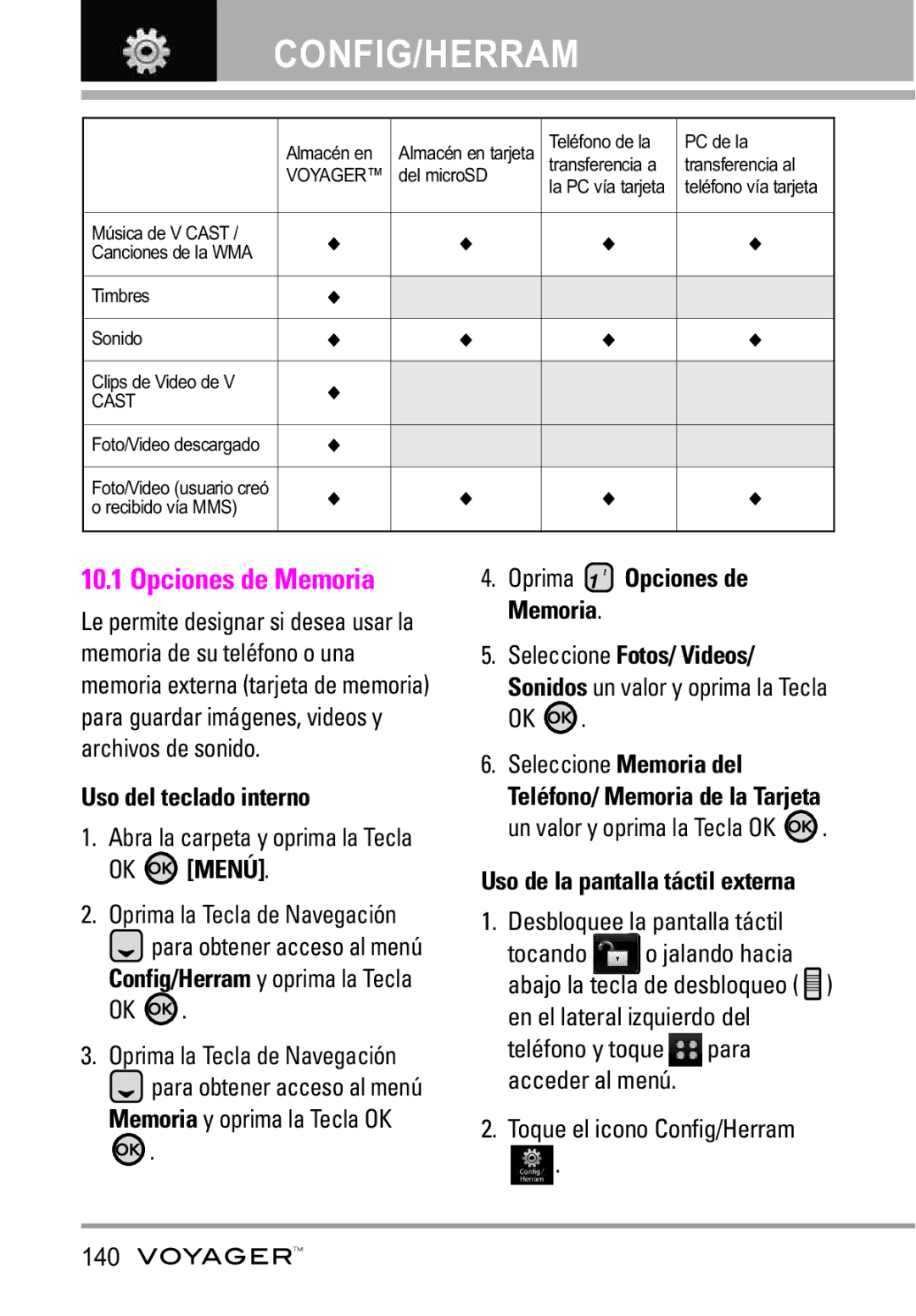 LG Electronics Voyager manual Oprima Opciones de Memoria Seleccione Fotos/ Videos, Toque el icono Config/Herram 140 