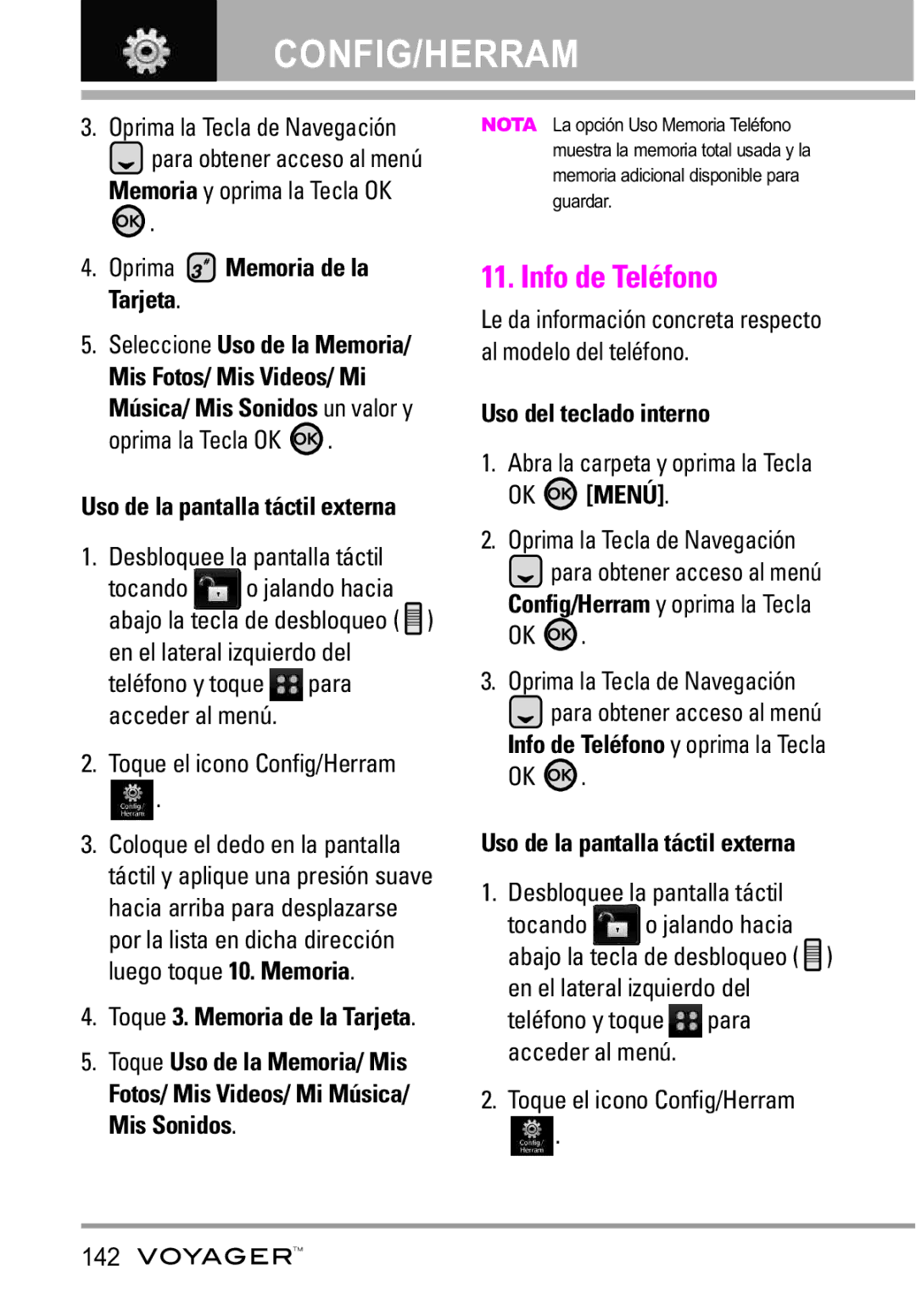 LG Electronics Voyager manual Info de Teléfono, Oprima Memoria de la Tarjeta, Toque el icono Config/Herram 142 