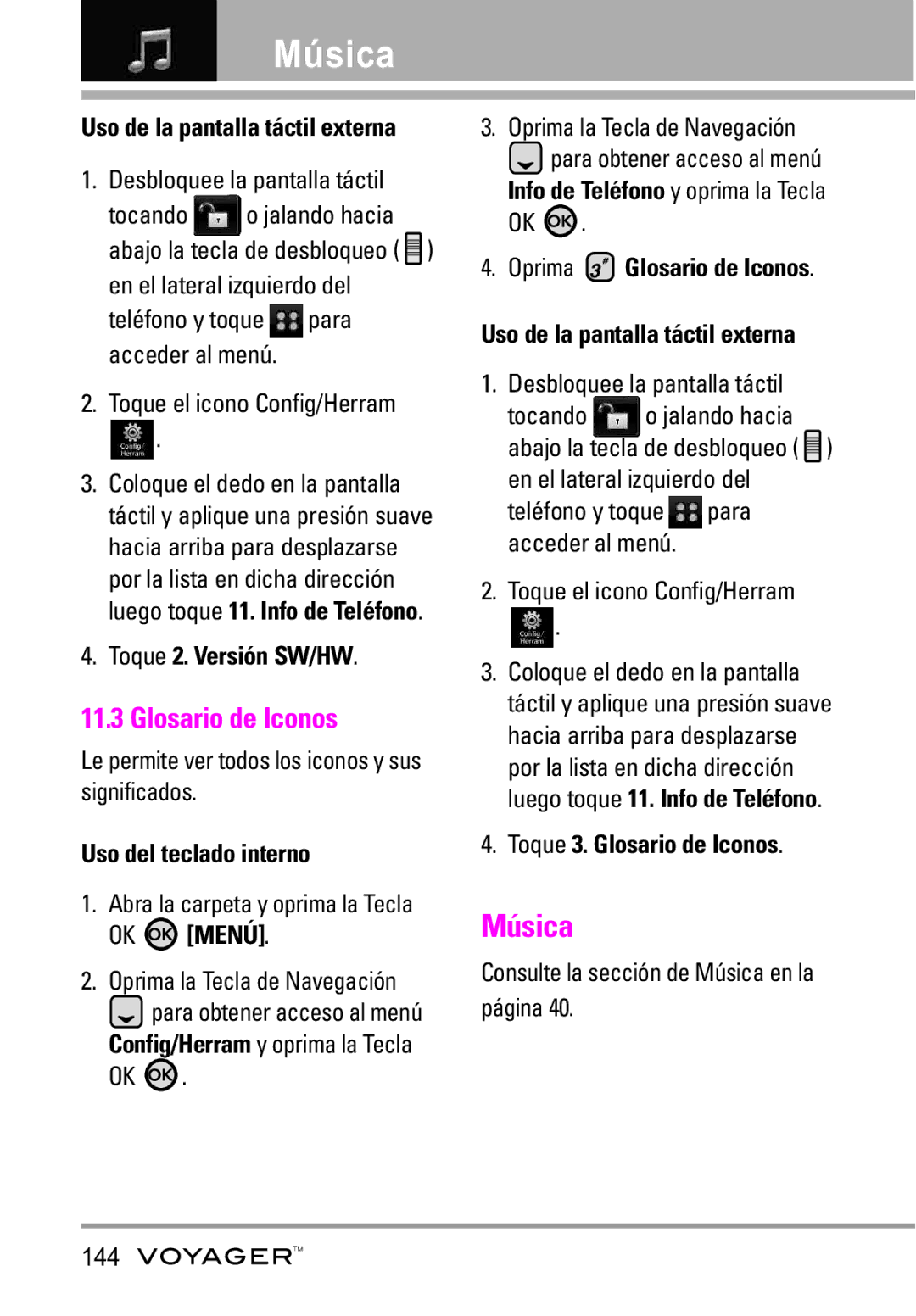 LG Electronics Voyager manual Música, Glosario de Iconos, Toque 2. Versión SW/HW 