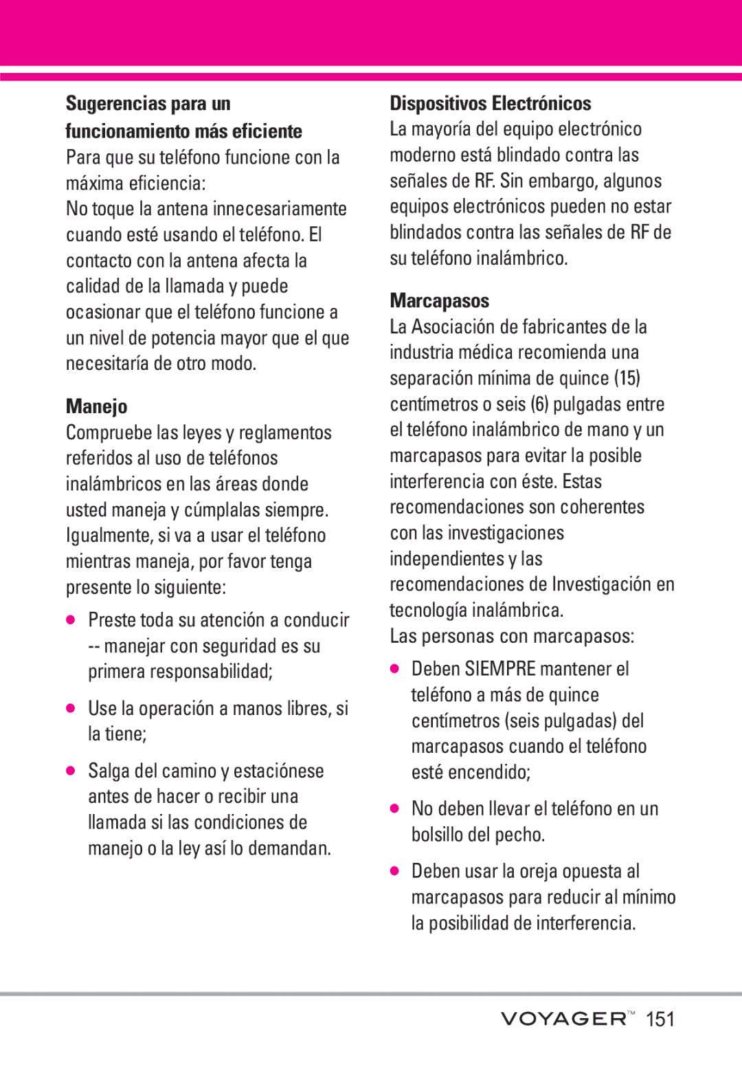 LG Electronics Voyager manual Manejo, Dispositivos Electrónicos, Marcapasos 