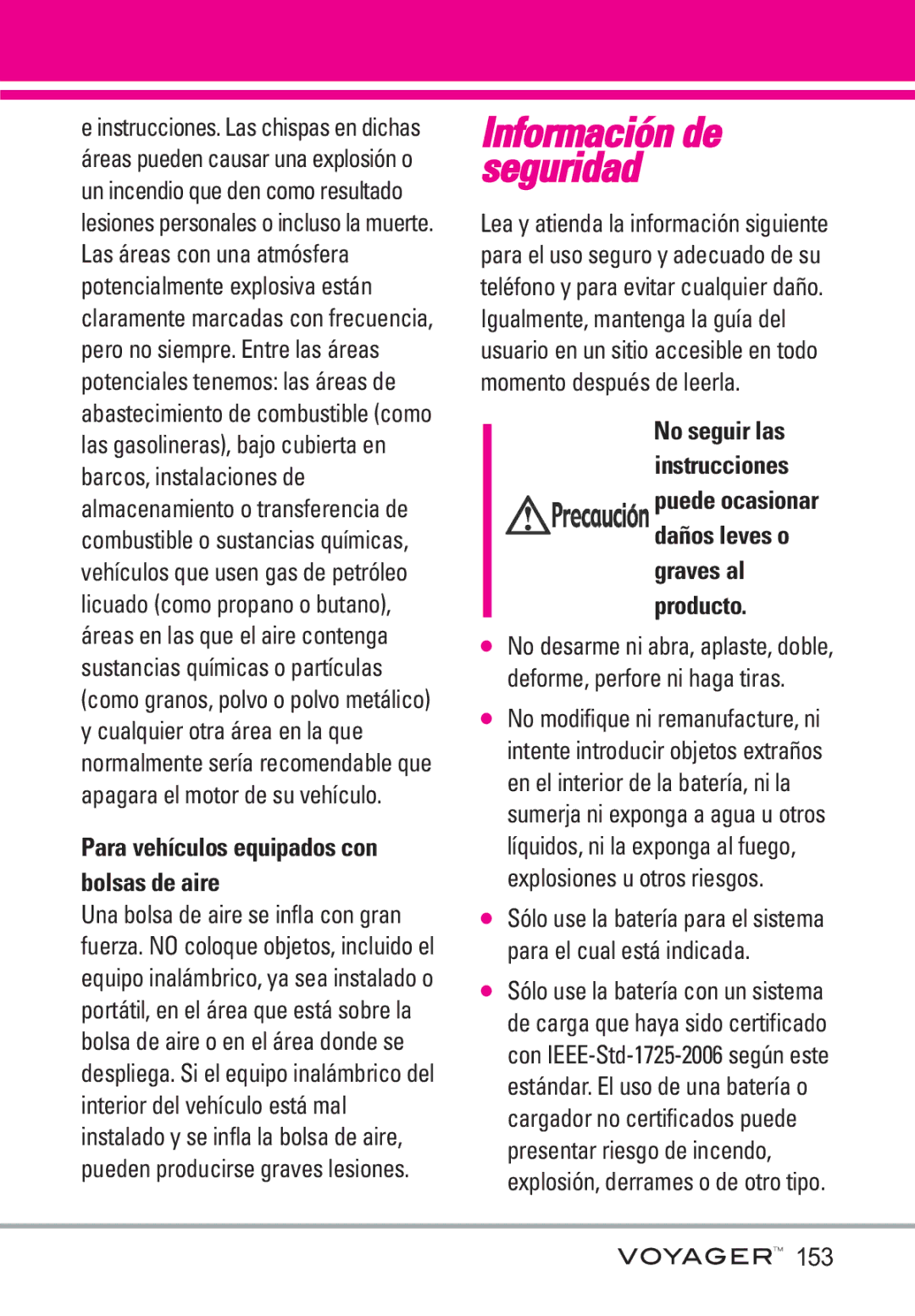 LG Electronics Voyager manual Información de seguridad, Para vehículos equipados con bolsas de aire 