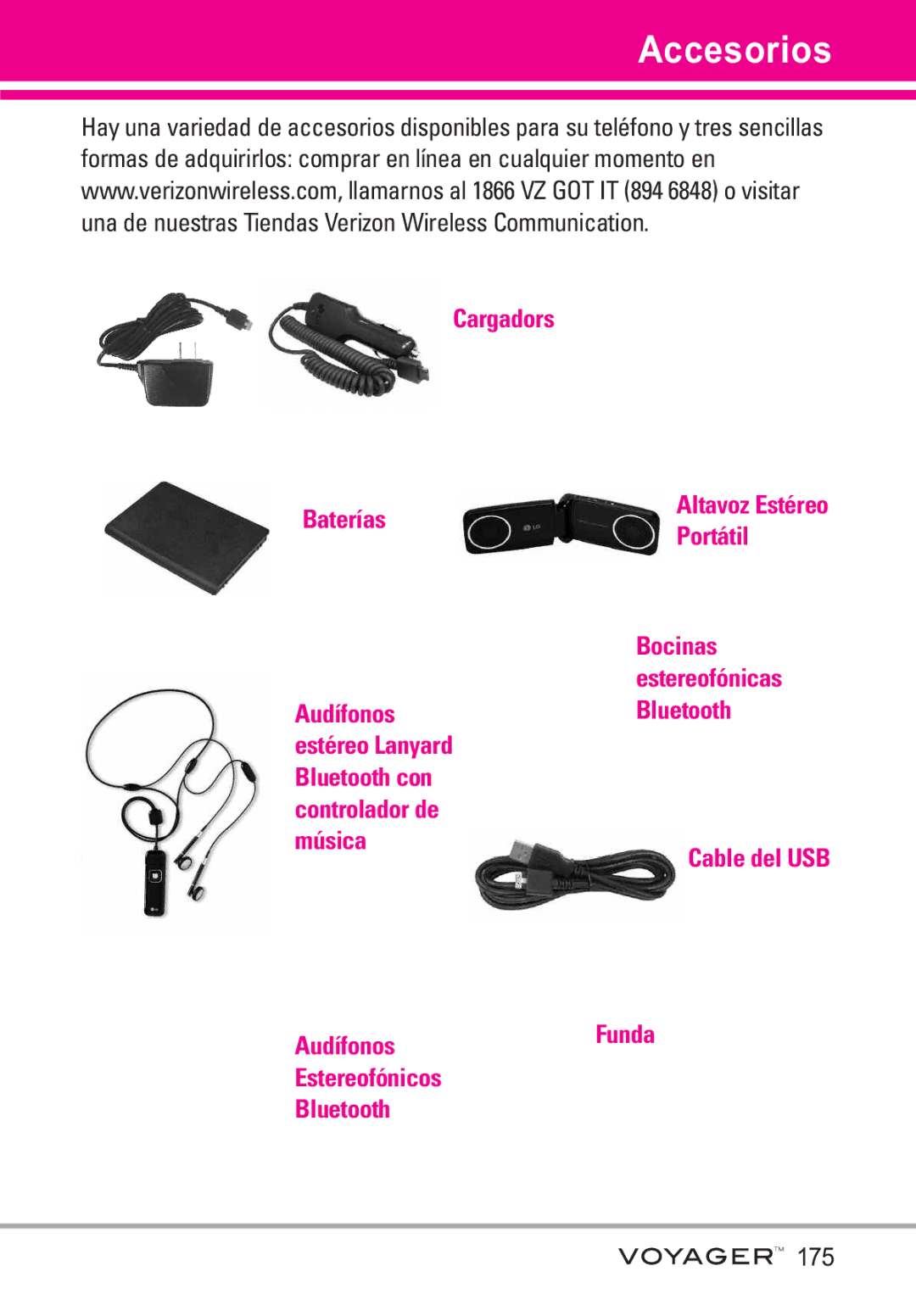 LG Electronics Voyager manual Accesorios, 175 