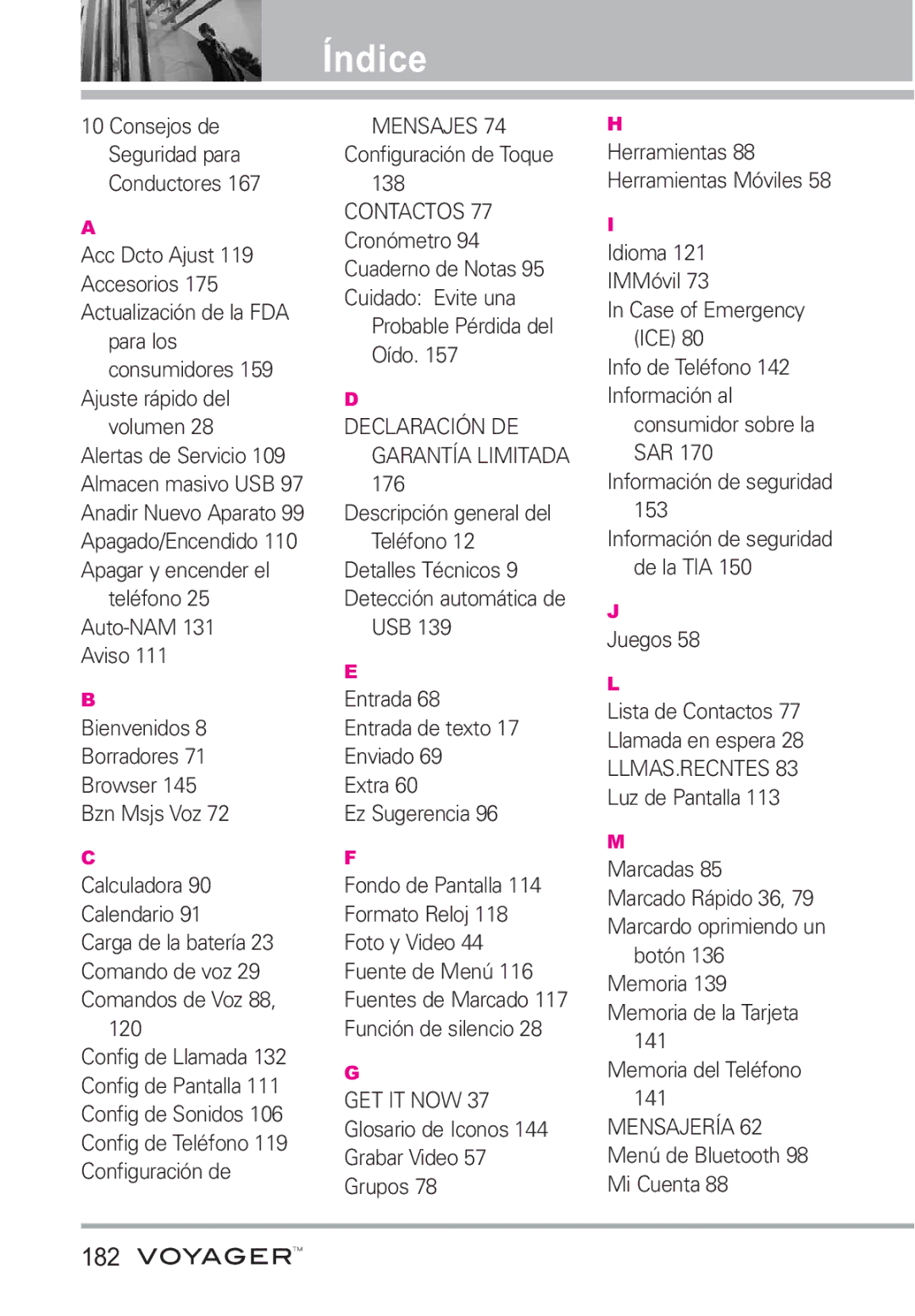 LG Electronics Voyager manual Índice, 182 