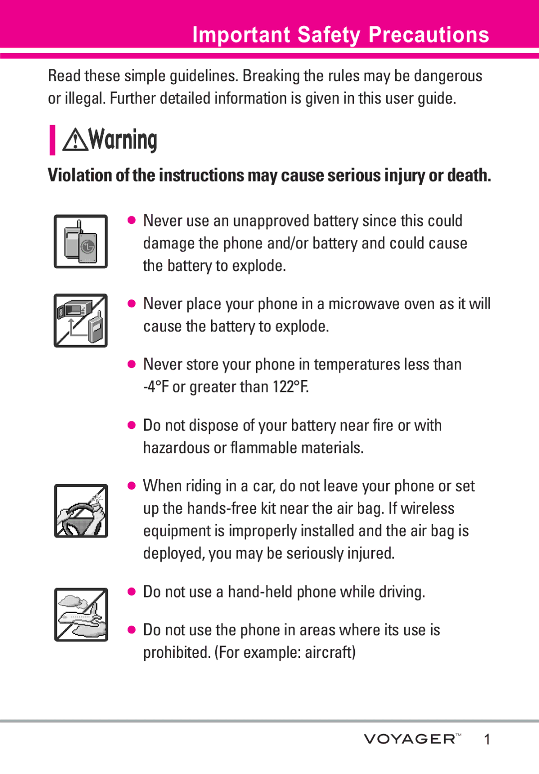 LG Electronics Voyager manual Important Safety Precautions, When riding in a car, do not leave your phone or set 