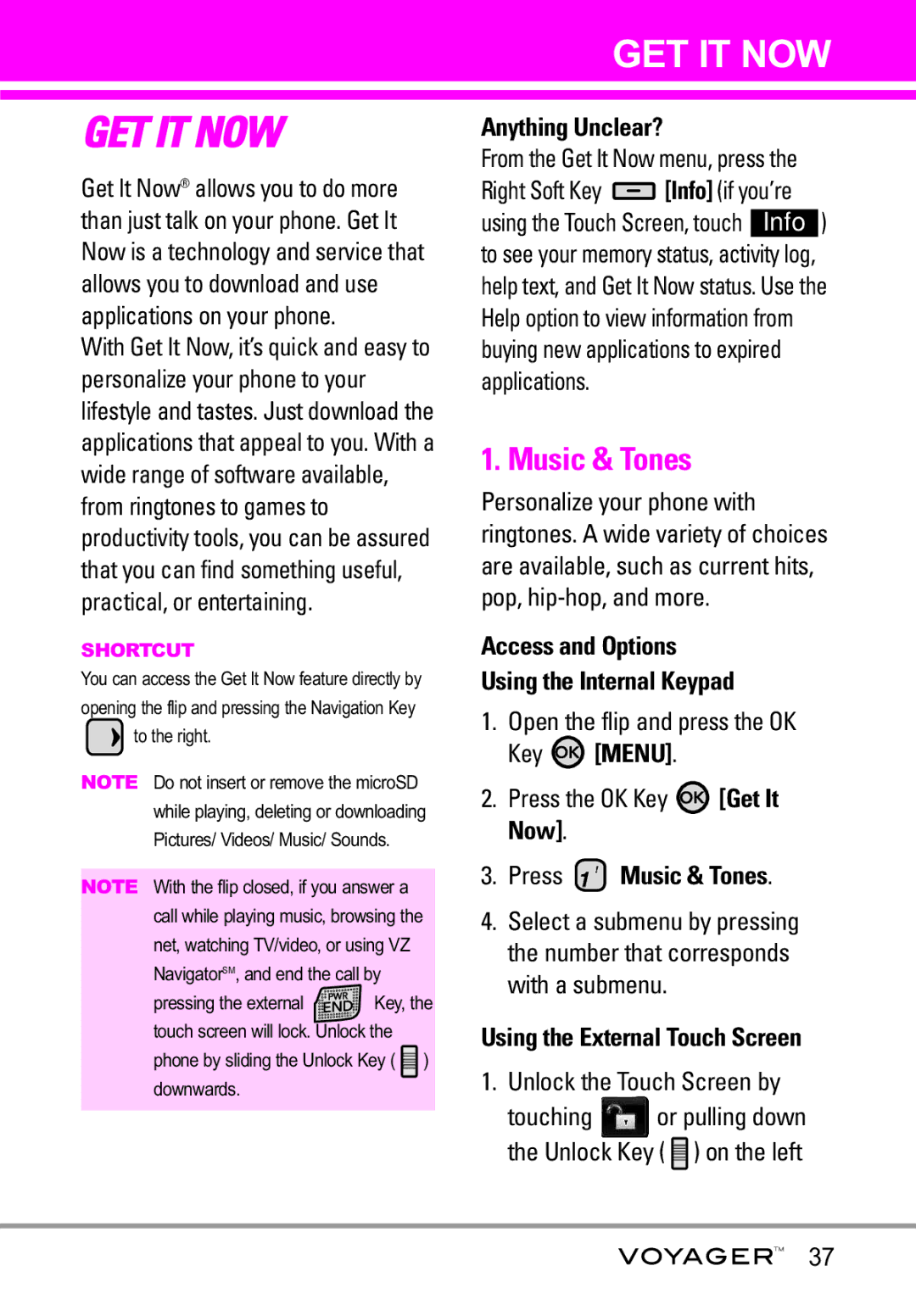 LG Electronics Voyager manual Music & Tones, Anything Unclear?, Access and Options Using the Internal Keypad, Key Menu 