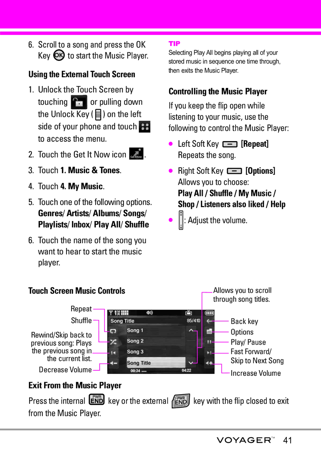 LG Electronics Voyager manual Touch Screen Music Controls, Controlling the Music Player, Adjust the volume 