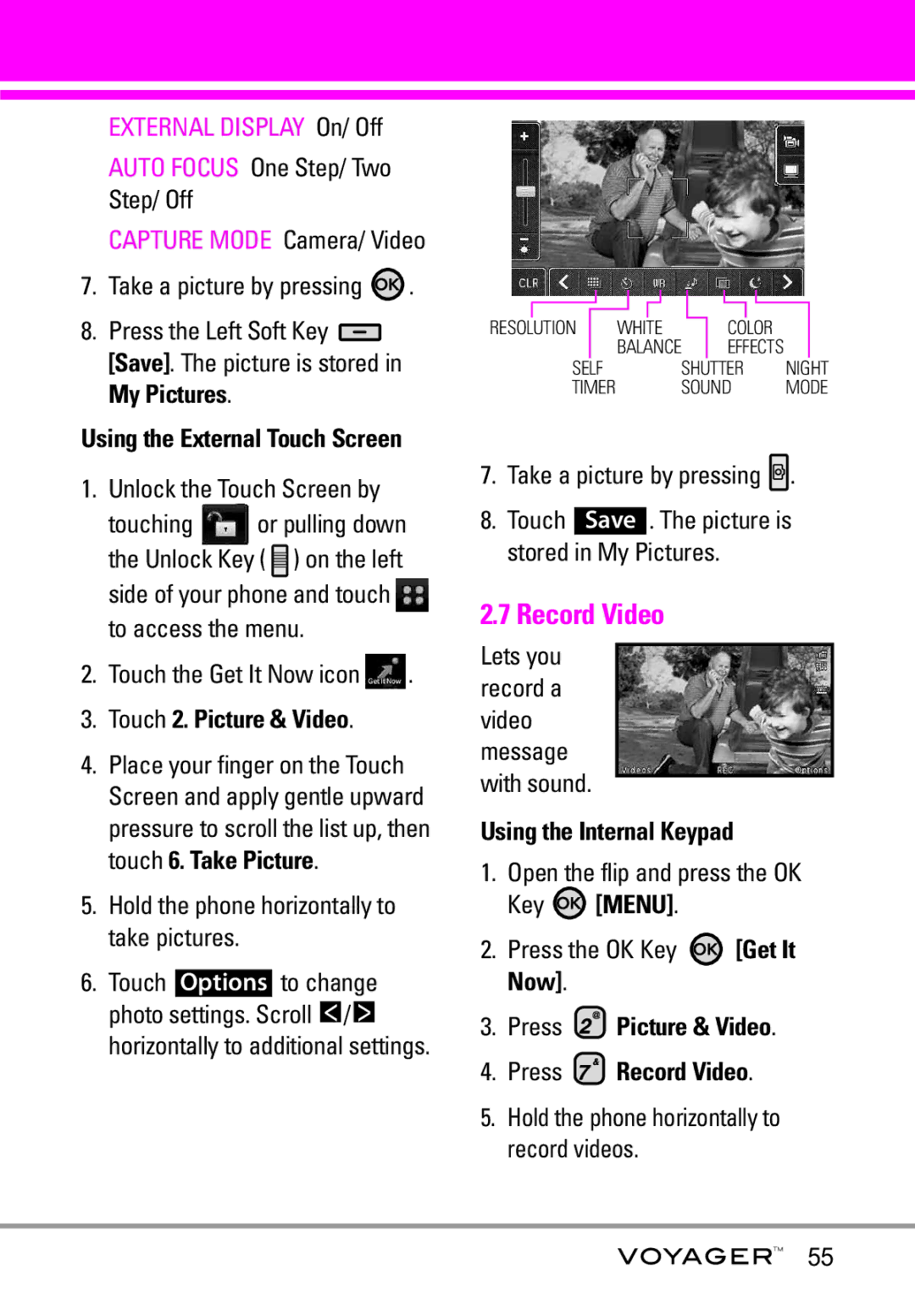 LG Electronics Voyager manual Record Video, External Display On/ Off, Auto Focus One Step/ Two Step/ Off 