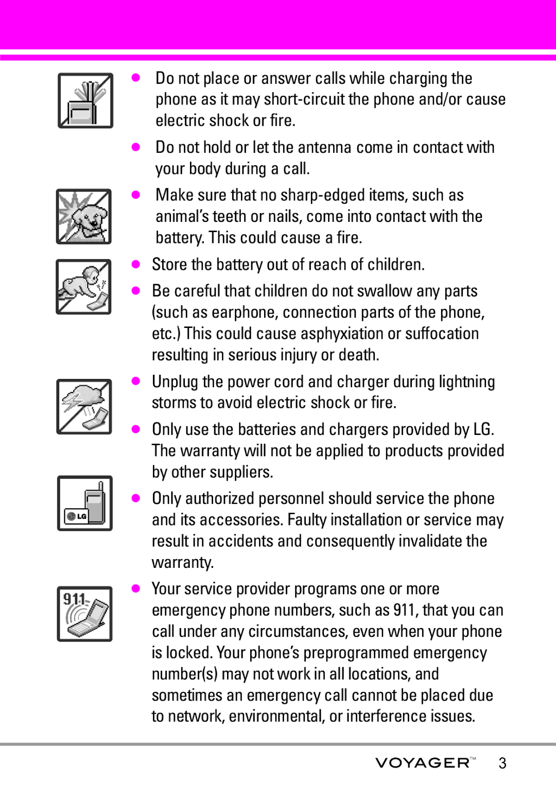 LG Electronics Voyager manual Store the battery out of reach of children 