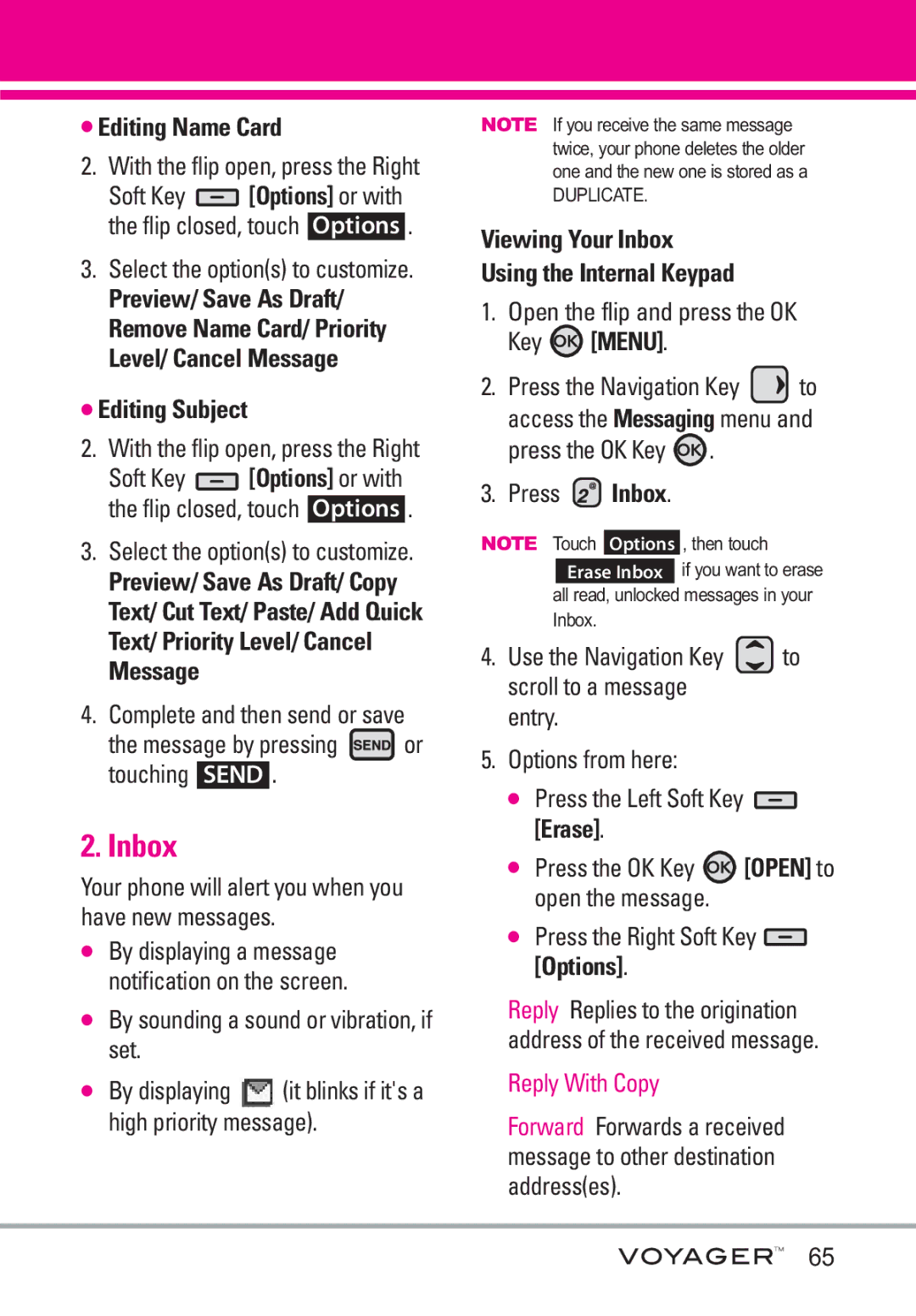 LG Electronics Voyager manual Editing Name Card, Editing Subject, Viewing Your Inbox Using the Internal Keypad 