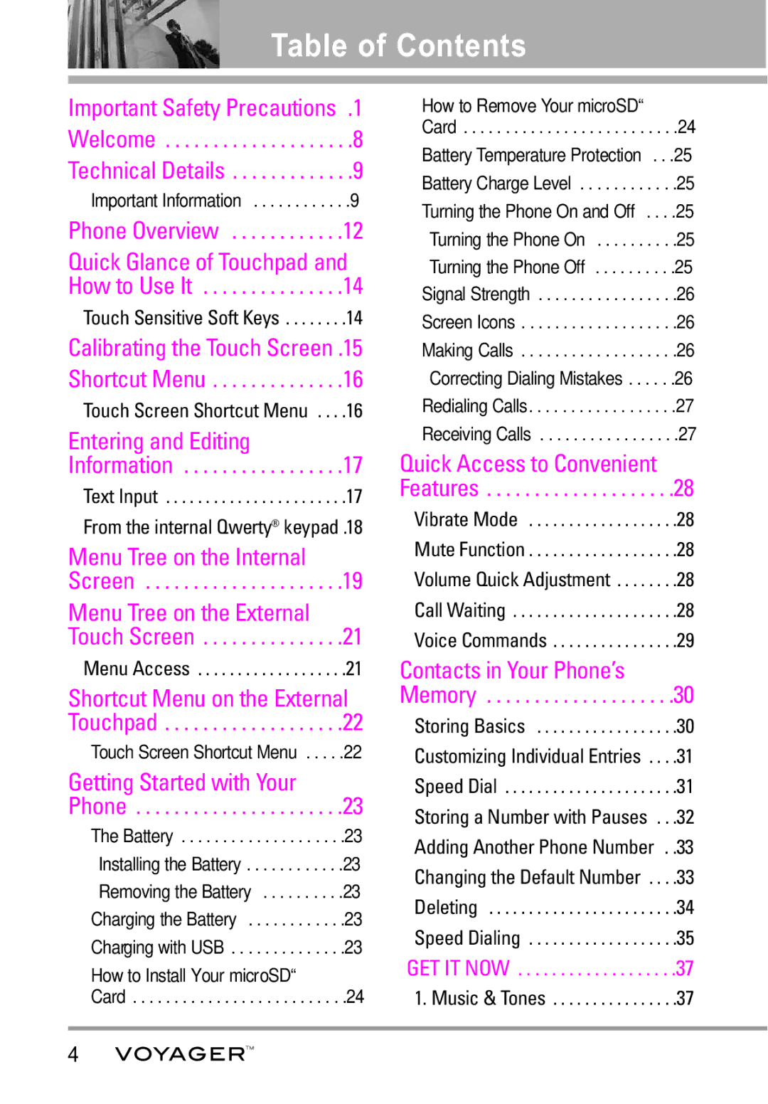 LG Electronics Voyager manual Table of Contents 