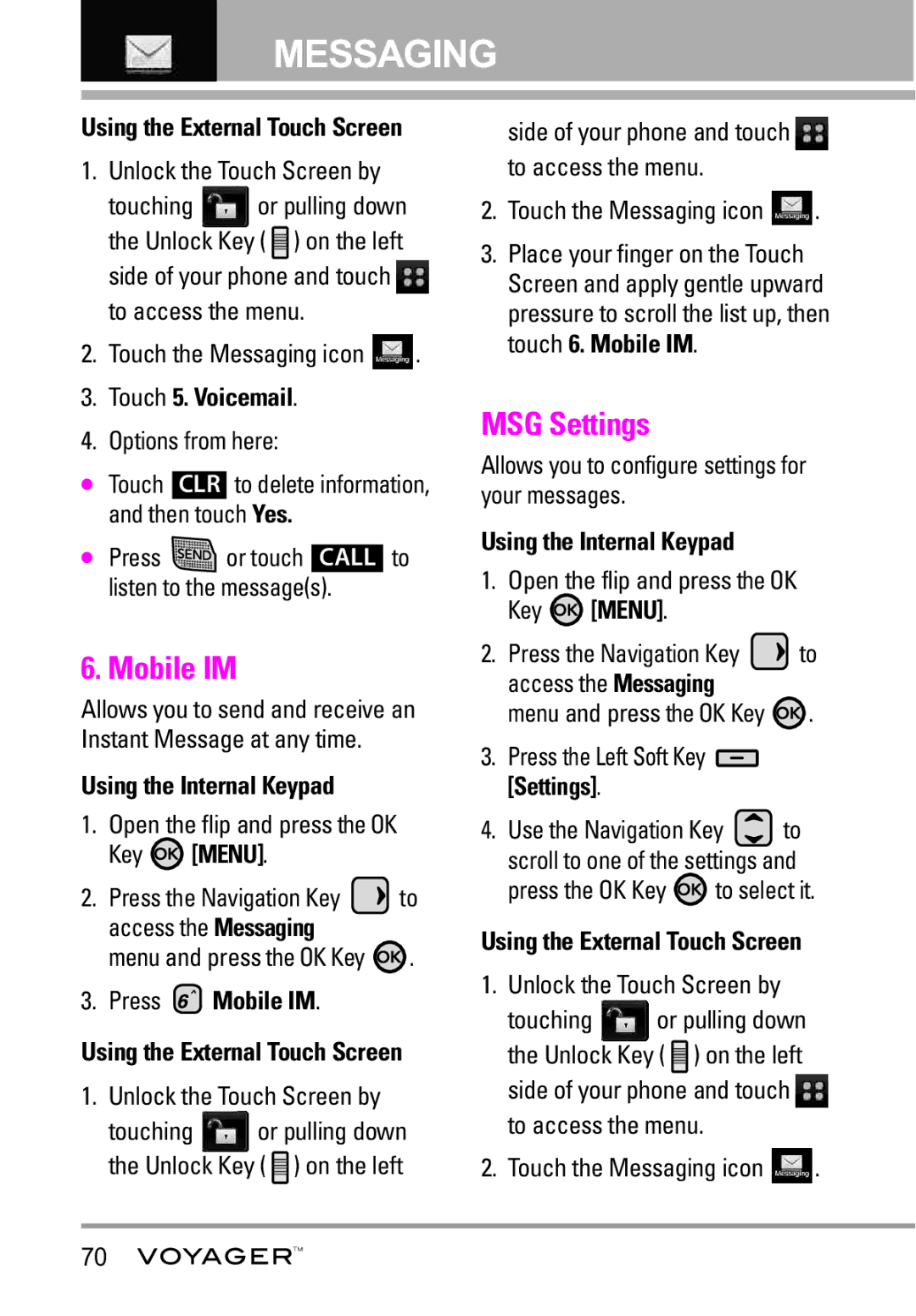 LG Electronics Voyager manual MSG Settings, Touch 5. Voicemail, Press Mobile IM 