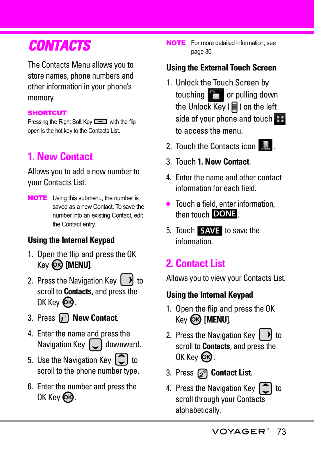 LG Electronics Voyager manual Press New Contact, Touch 1. New Contact, Press Contact List 