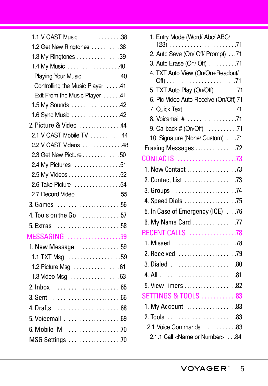 LG Electronics Voyager manual Settings & Tools, Erasing Messages, Voice Commands Call Name or Number 