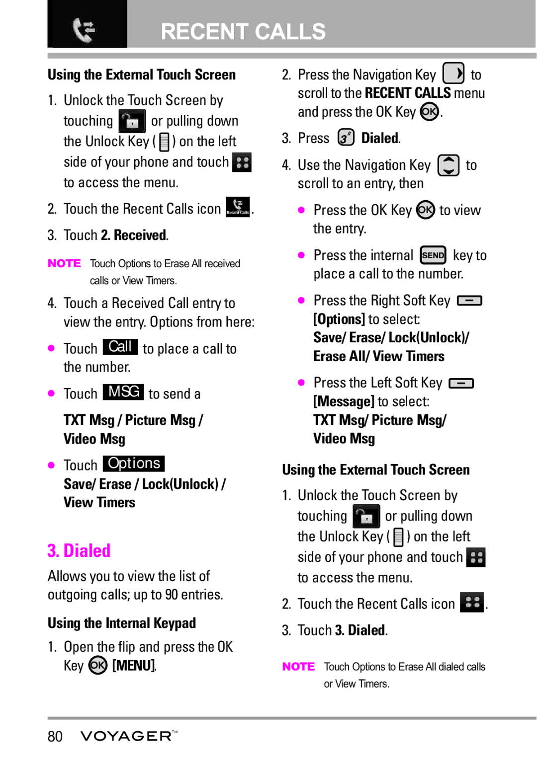 LG Electronics Voyager manual Touch 2. Received, Press Dialed, Touch the Recent Calls icon, Touch 3. Dialed 