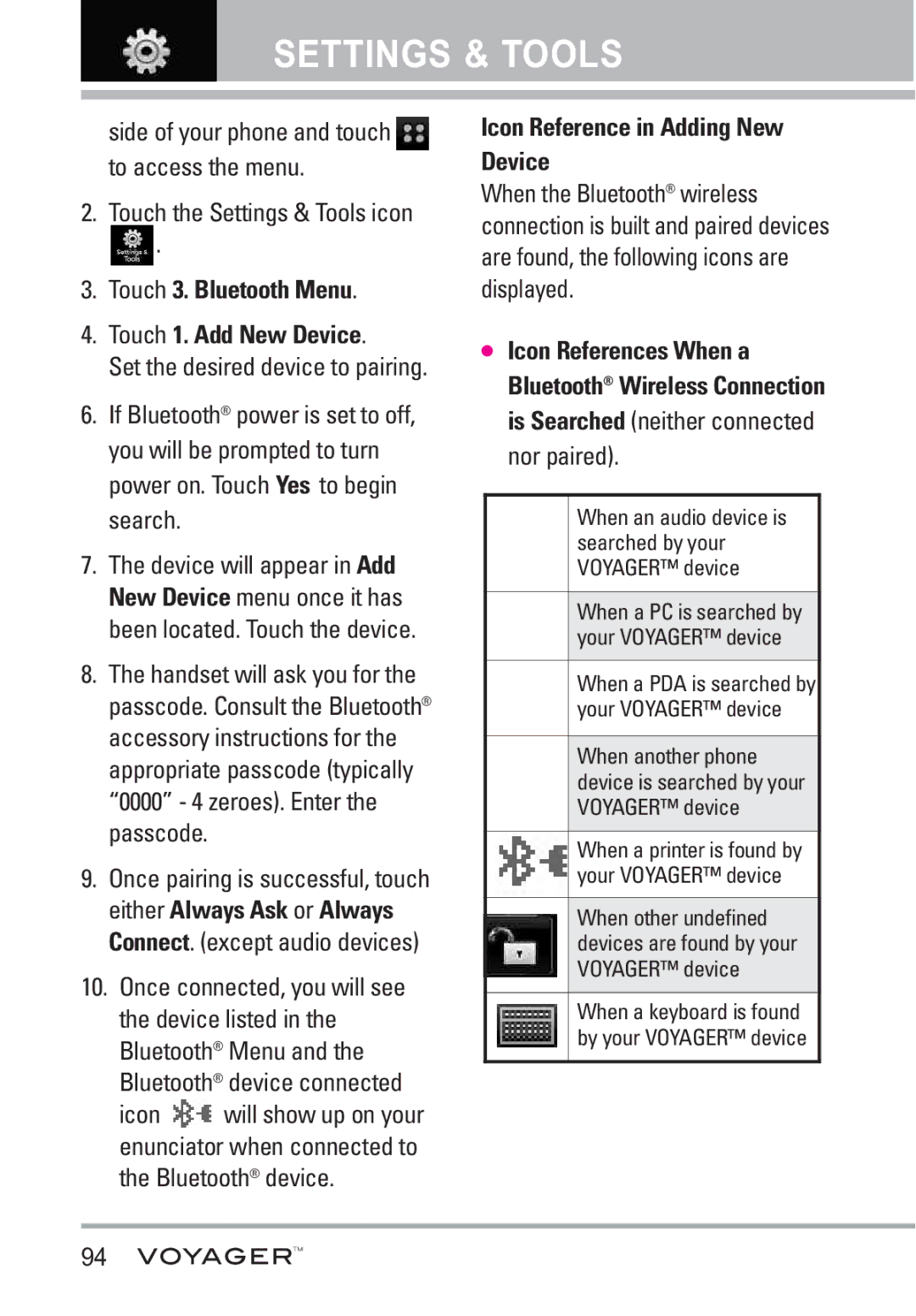 LG Electronics Voyager manual Touch 3. Bluetooth Menu Touch 1. Add New Device, Icon Reference in Adding New Device 