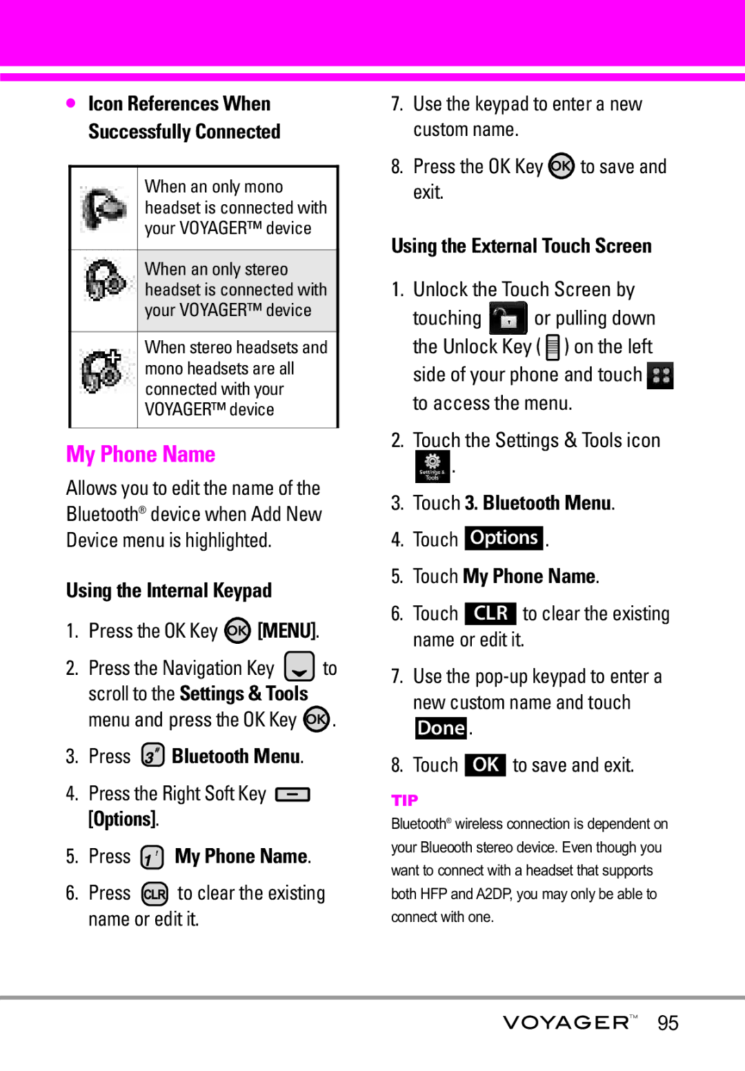LG Electronics Voyager manual Press My Phone Name, Touch 3. Bluetooth Menu, Touch My Phone Name 