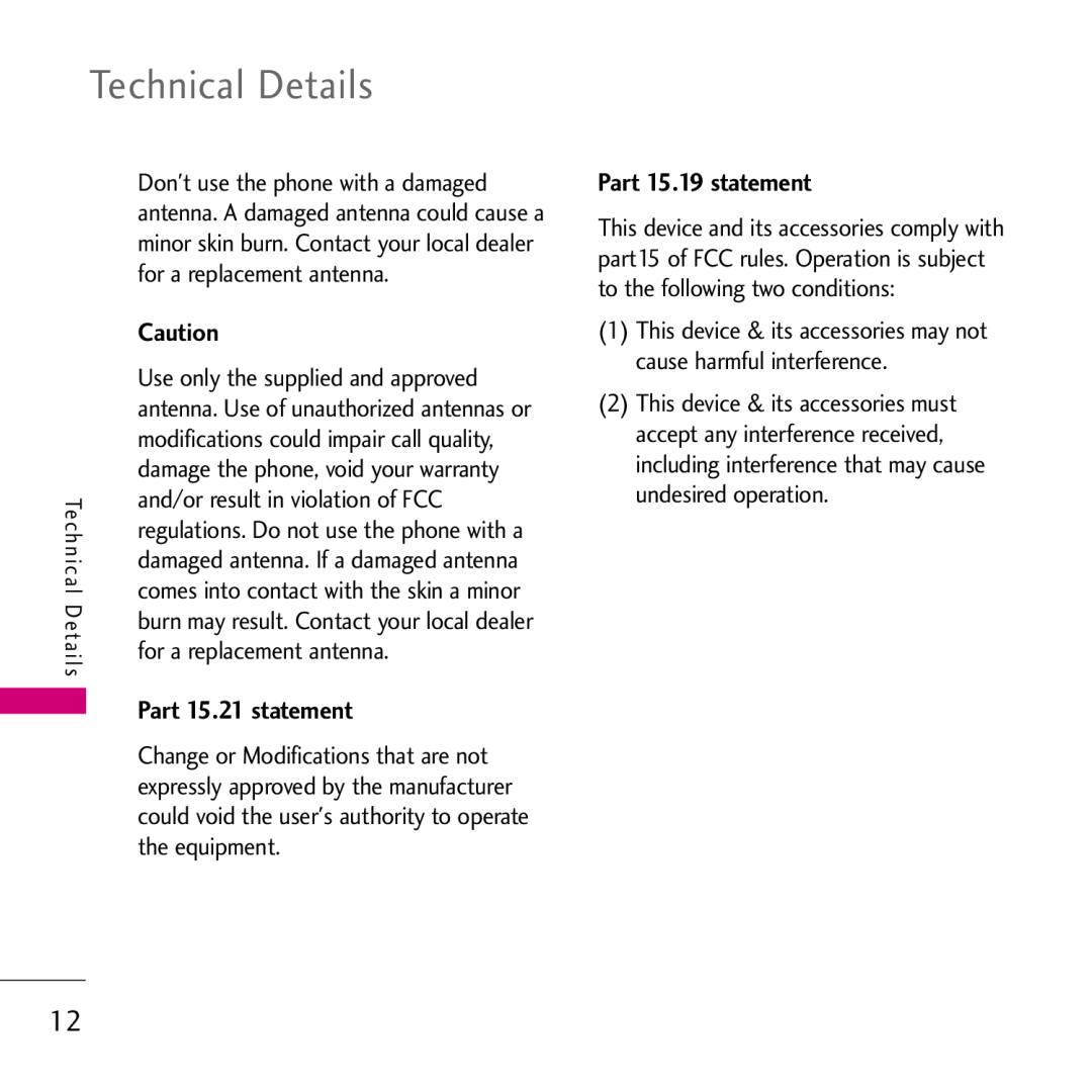 LG Electronics VS750, 002KPYR0001018 manual Part 15.21 statement, Part 15.19 statement, Technical Details 