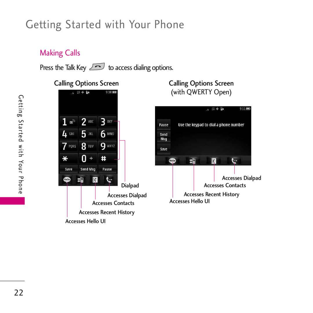 LG Electronics VS750 manual Getting Started with Your Phone, Making Calls, Press the Talk Key to access dialing options 