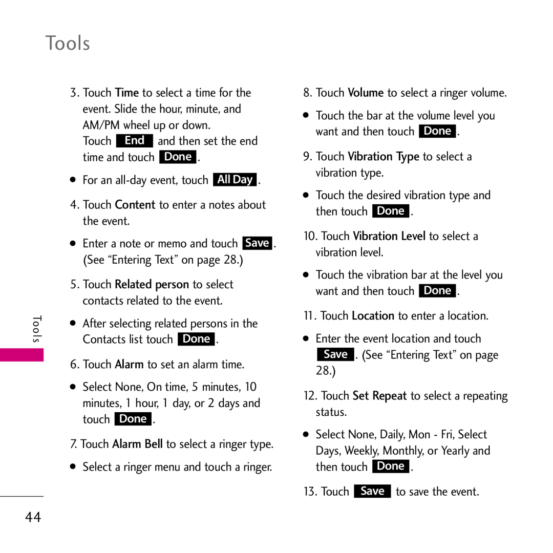 LG Electronics VS750 time and touch, For an all-day event, touch, All Day, After selecting related persons in the, Touch 