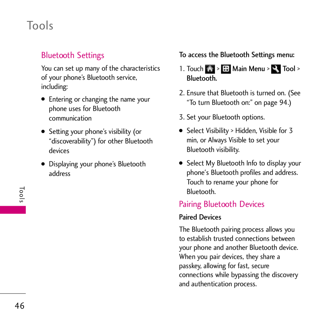 LG Electronics VS750, 002KPYR0001018 manual Bluetooth Settings, Pairing Bluetooth Devices, Paired Devices, Tools 