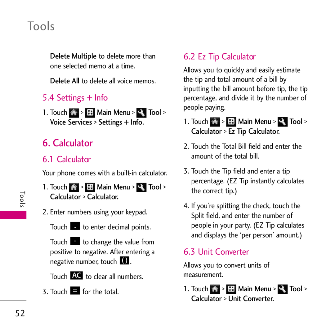 LG Electronics VS750, 002KPYR0001018 manual Settings + Info, Ez Tip Calculator, Unit Converter, Tools, Main Menu 