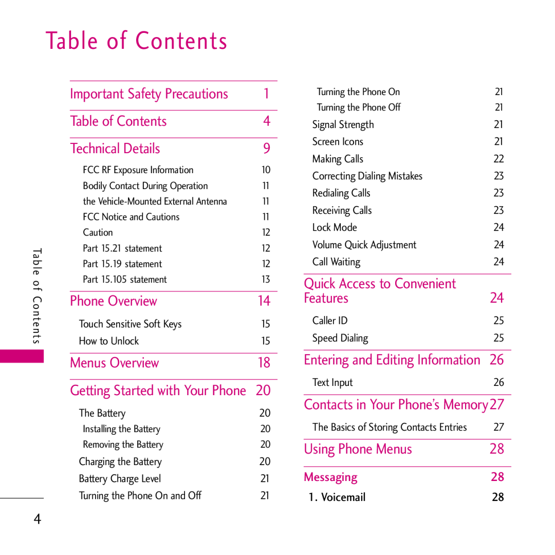 LG Electronics VS750 manual Table of Contents, Phone Overview, Features, Entering and Editing Information, Menus Overview 