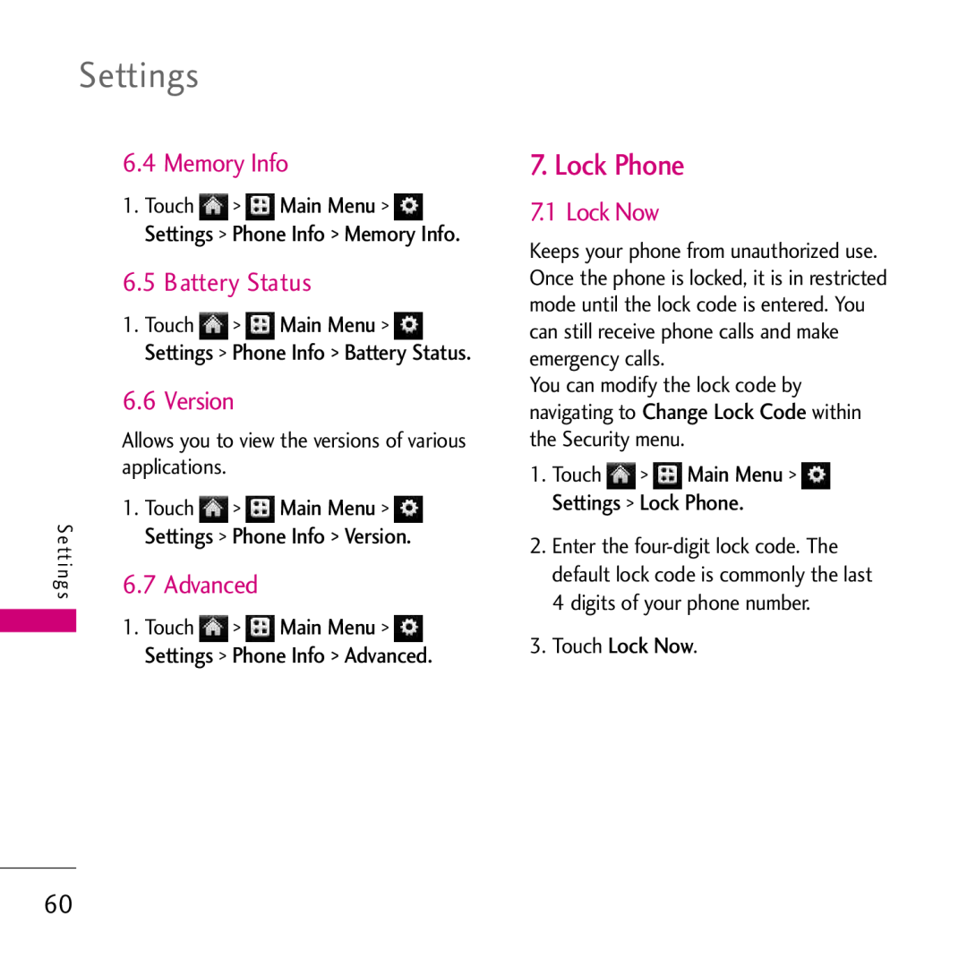 LG Electronics VS750 Lock Phone, Memory Info, Battery Status, Advanced, Lock Now, Settings Phone Info Version, Touch 