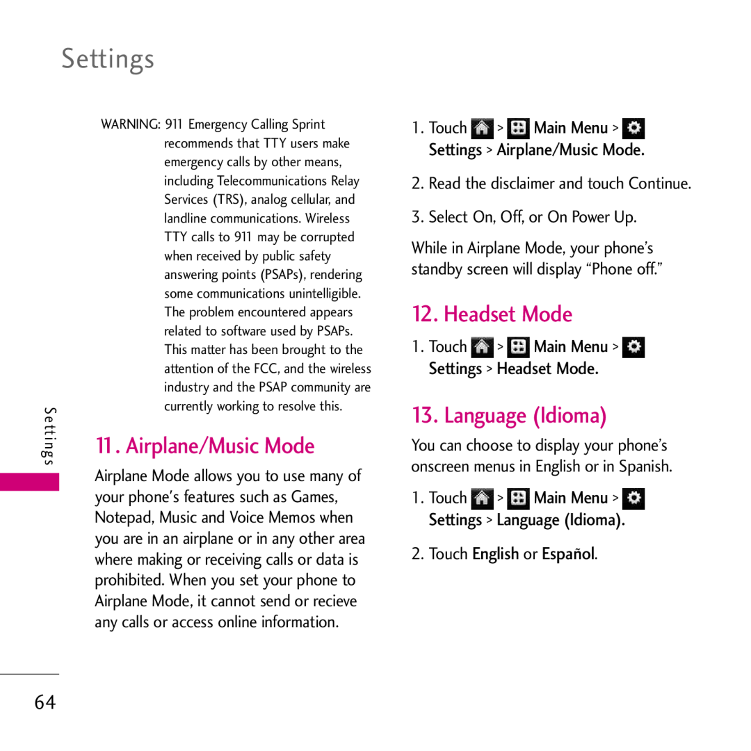 LG Electronics VS750 manual Airplane/Music Mode, Language Idioma, Settings Headset Mode, Select On, Off, or On Power Up 