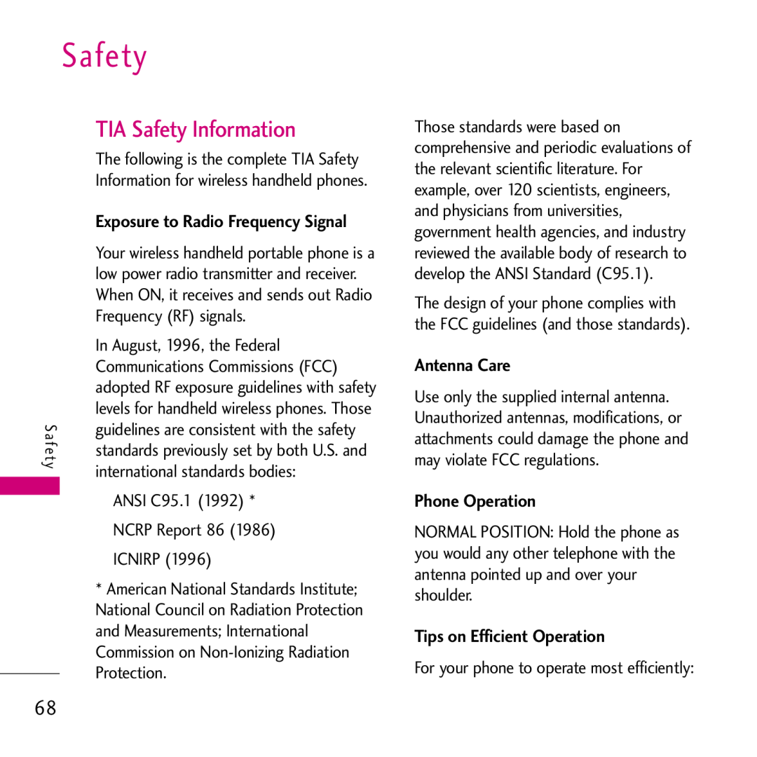 LG Electronics VS750 manual TIA Safety Information, Exposure to Radio Frequency Signal, Antenna Care, Phone Operation 