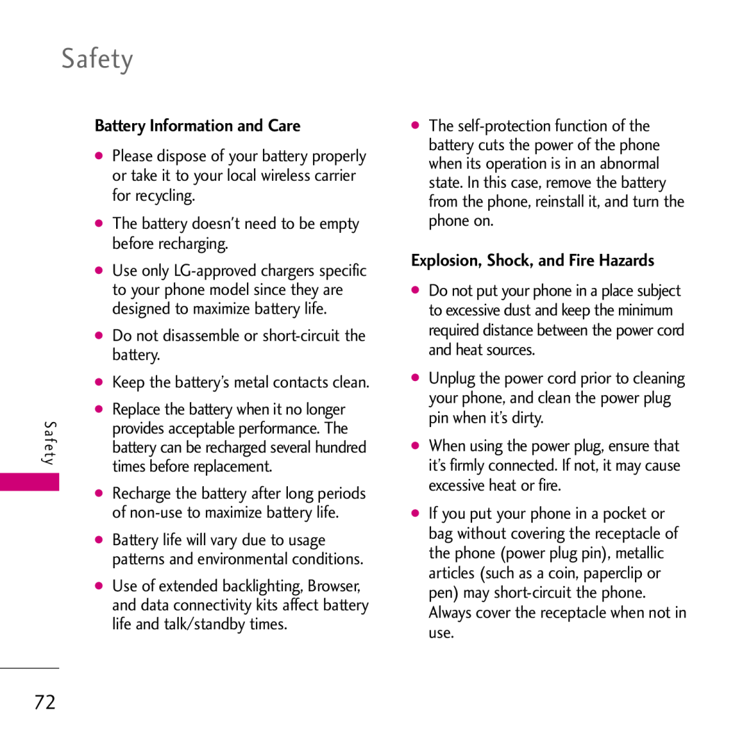 LG Electronics VS750, 002KPYR0001018 manual Battery Information and Care, Explosion, Shock, and Fire Hazards, Safety 