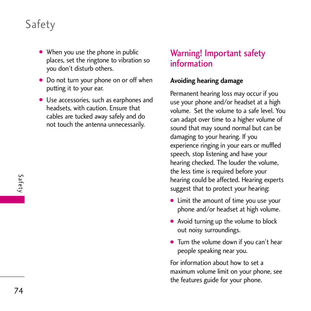 LG Electronics VS750, 002KPYR0001018 manual Warning! Important safety information, Avoiding hearing damage, Safety 