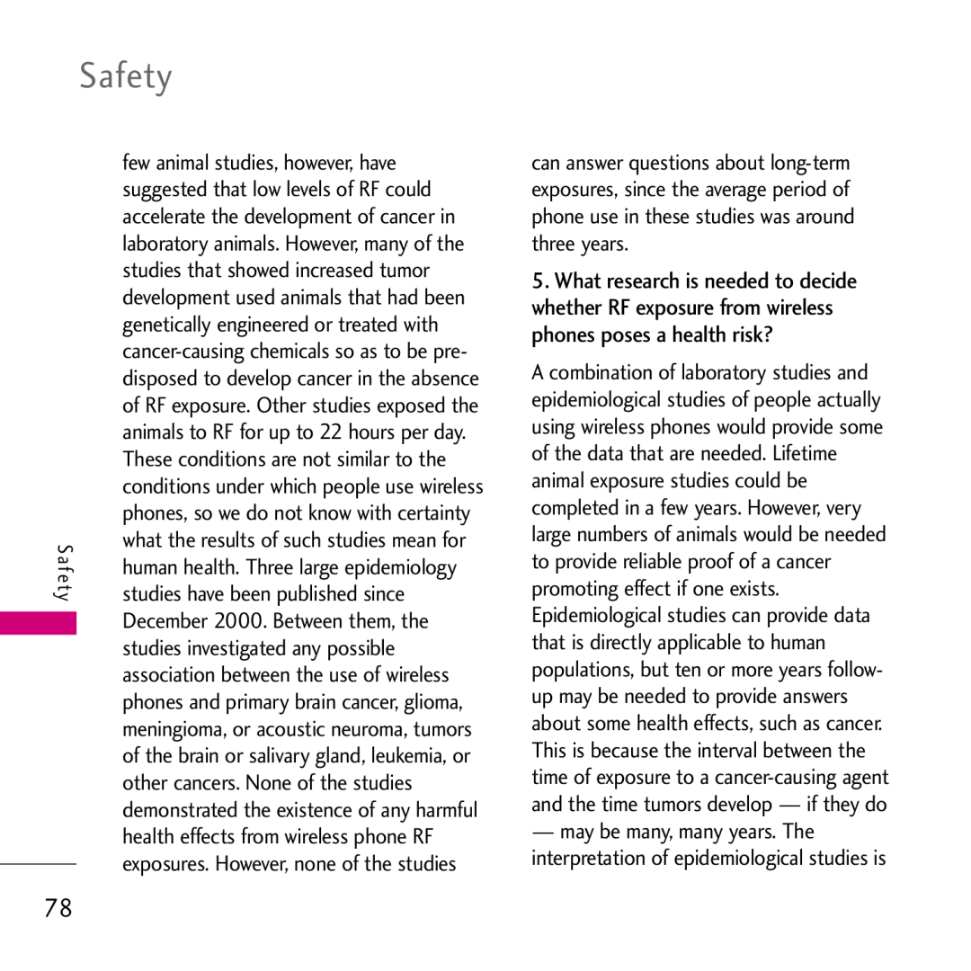 LG Electronics VS750, 002KPYR0001018 manual few animal studies, however, have, studies have been published since, Safety 