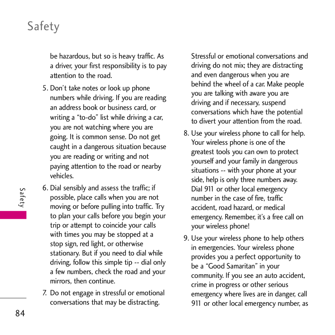 LG Electronics VS750 manual Don’t take notes or look up phone, you are reading or writing and not, vehicles, Safety 