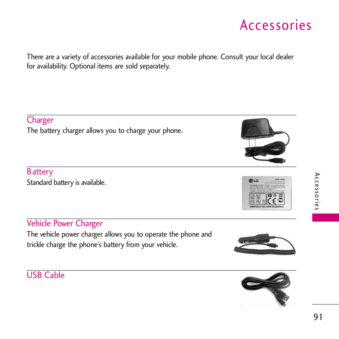 LG Electronics 002KPYR0001018 Accessories, Battery, Vehicle Power Charger, USB Cable, Standard battery is available 