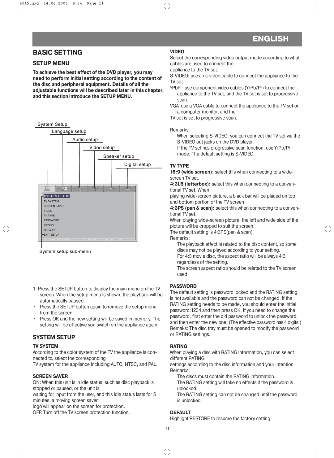 LG Electronics VT 4015 instruction manual Basic Setting, Setup Menu, System Setup 