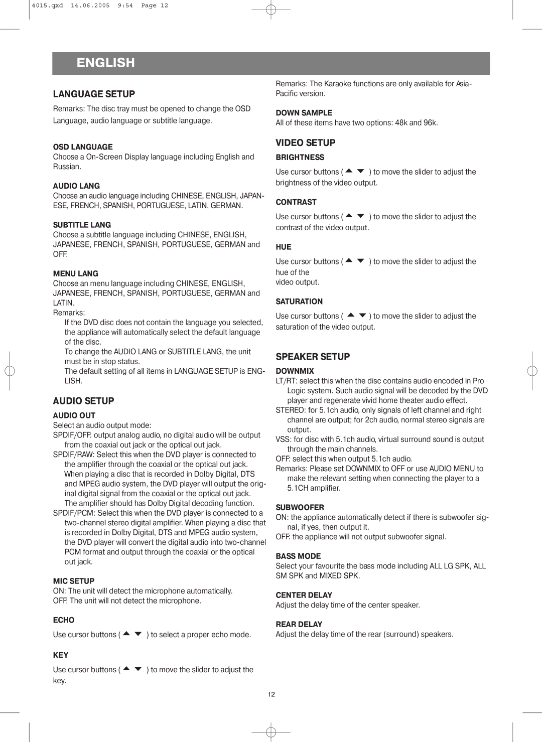 LG Electronics VT 4015 instruction manual Language Setup, Audio Setup, Video Setup, Speaker Setup 