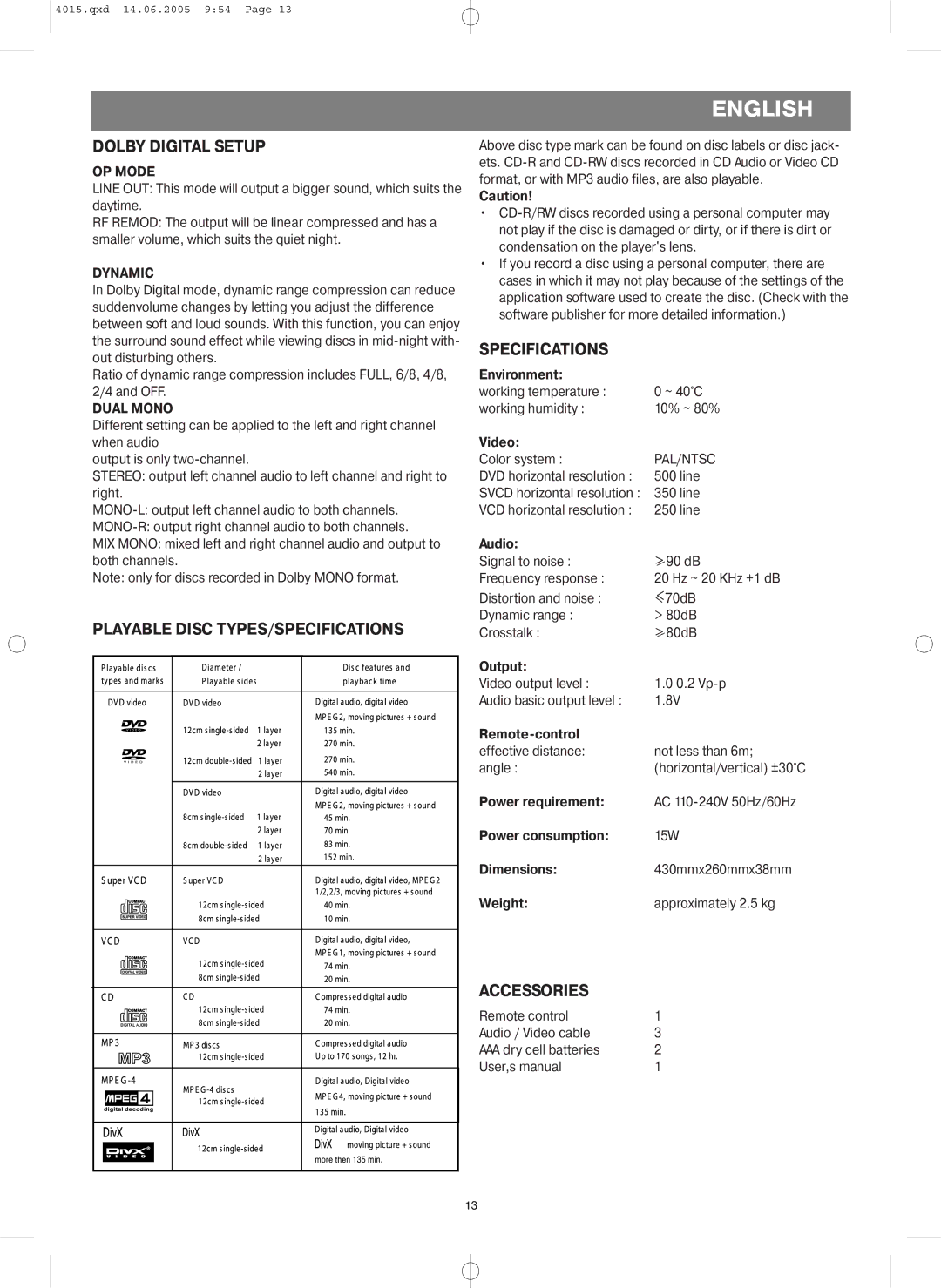 LG Electronics VT 4015 Dolby Digital Setup, Playable Disc TYPES/SPECIFICATIONS, Specifications, Accessories 