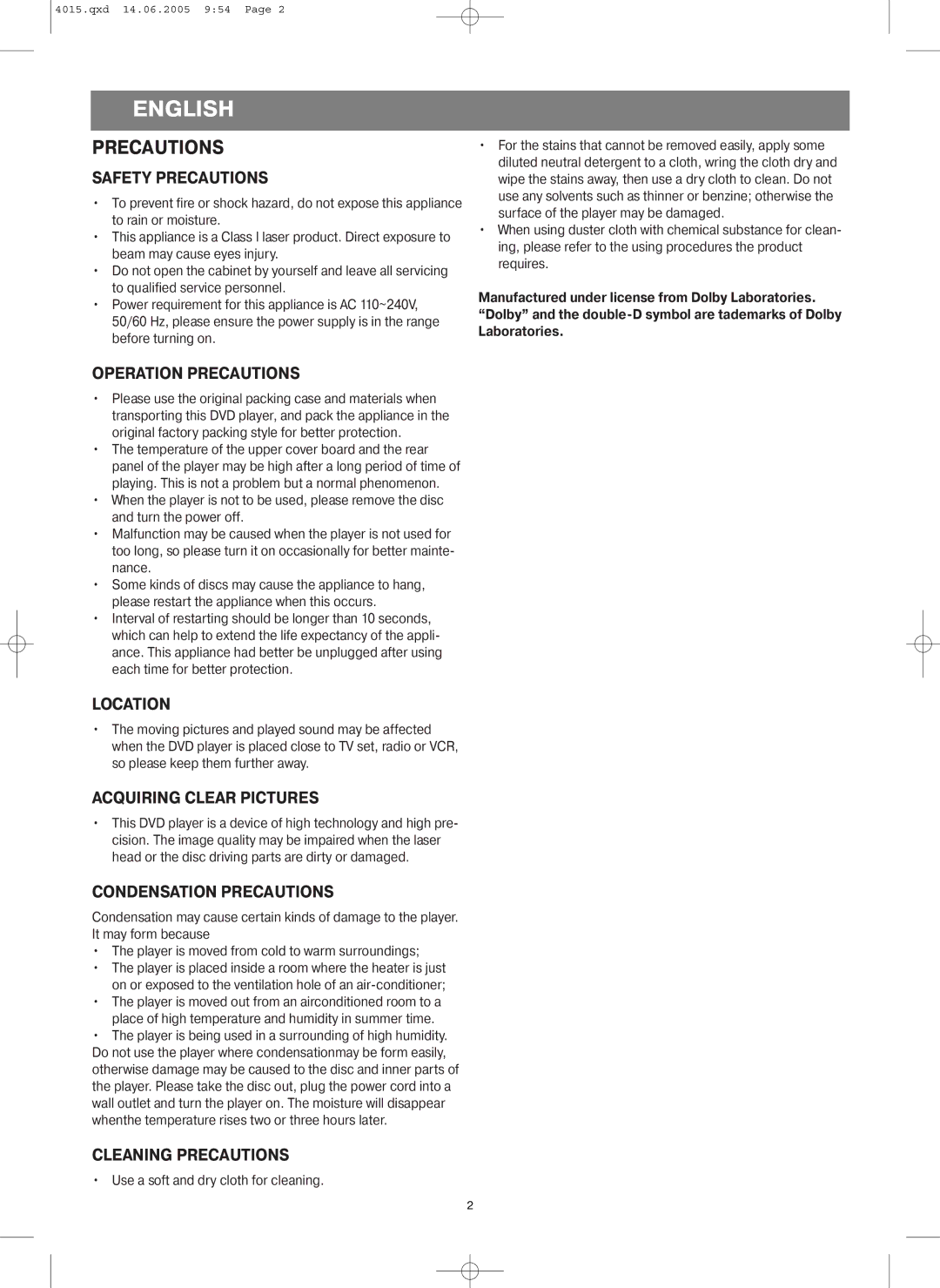 LG Electronics VT 4015 instruction manual Precautions 