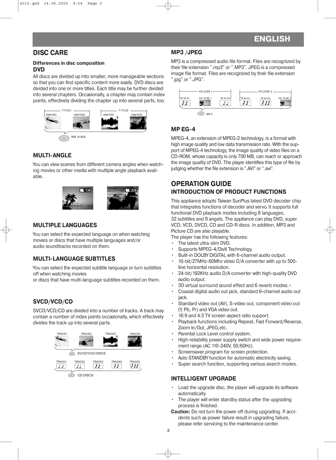 LG Electronics VT 4015 instruction manual Disc Care, Operation Guide 