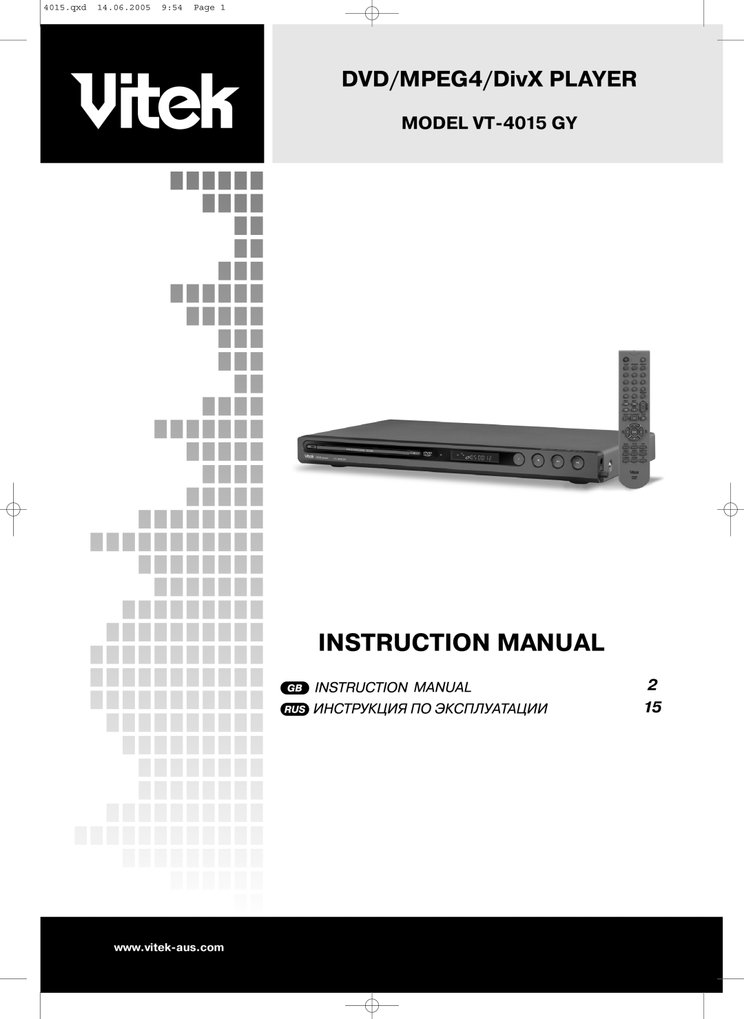 LG Electronics VT 4015 instruction manual Instruction Manual, DVD/MPEG4/DivX PLAYER, MODEL VT15 GY 