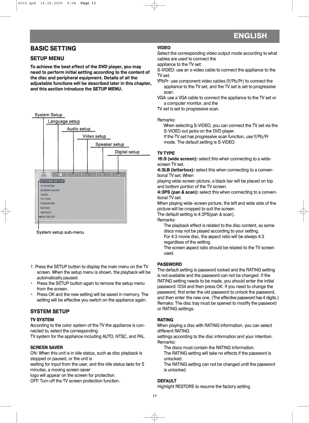 LG Electronics VT 4015 instruction manual Basic Setting, Setup Menu, System Setup, English 