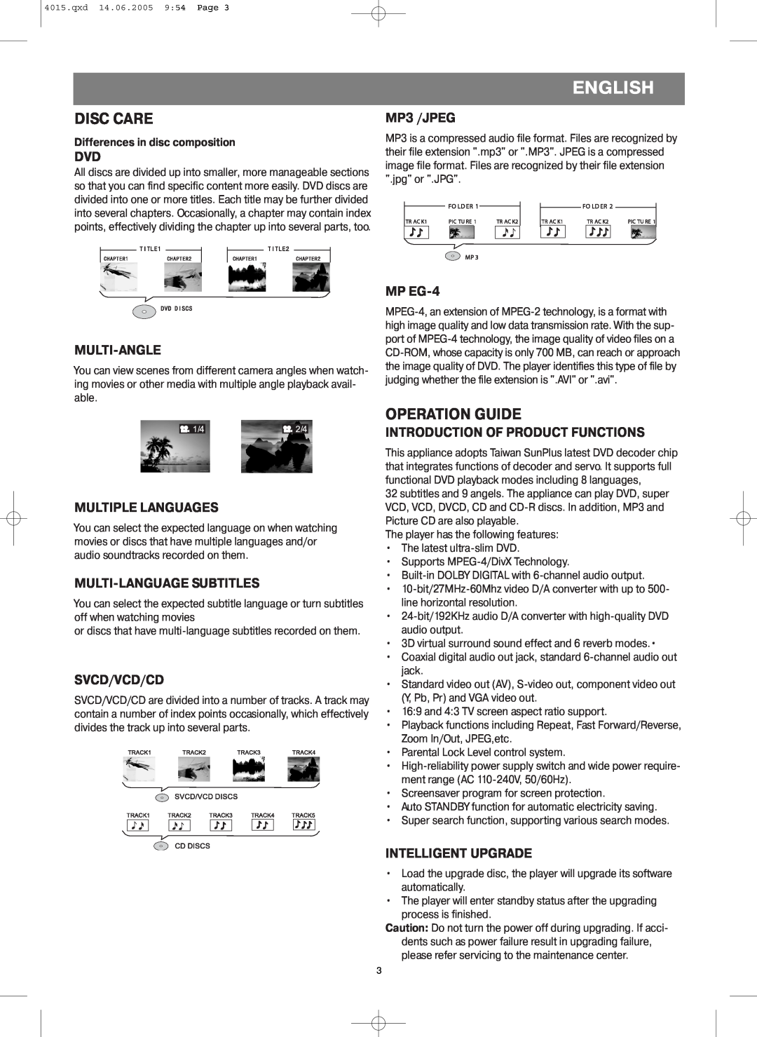 LG Electronics VT 4015 Disc Care, Operation Guide, MP3 /JPEG, Multingle, Multiple Languages, Multianguage Subtitles, Mp Eg 