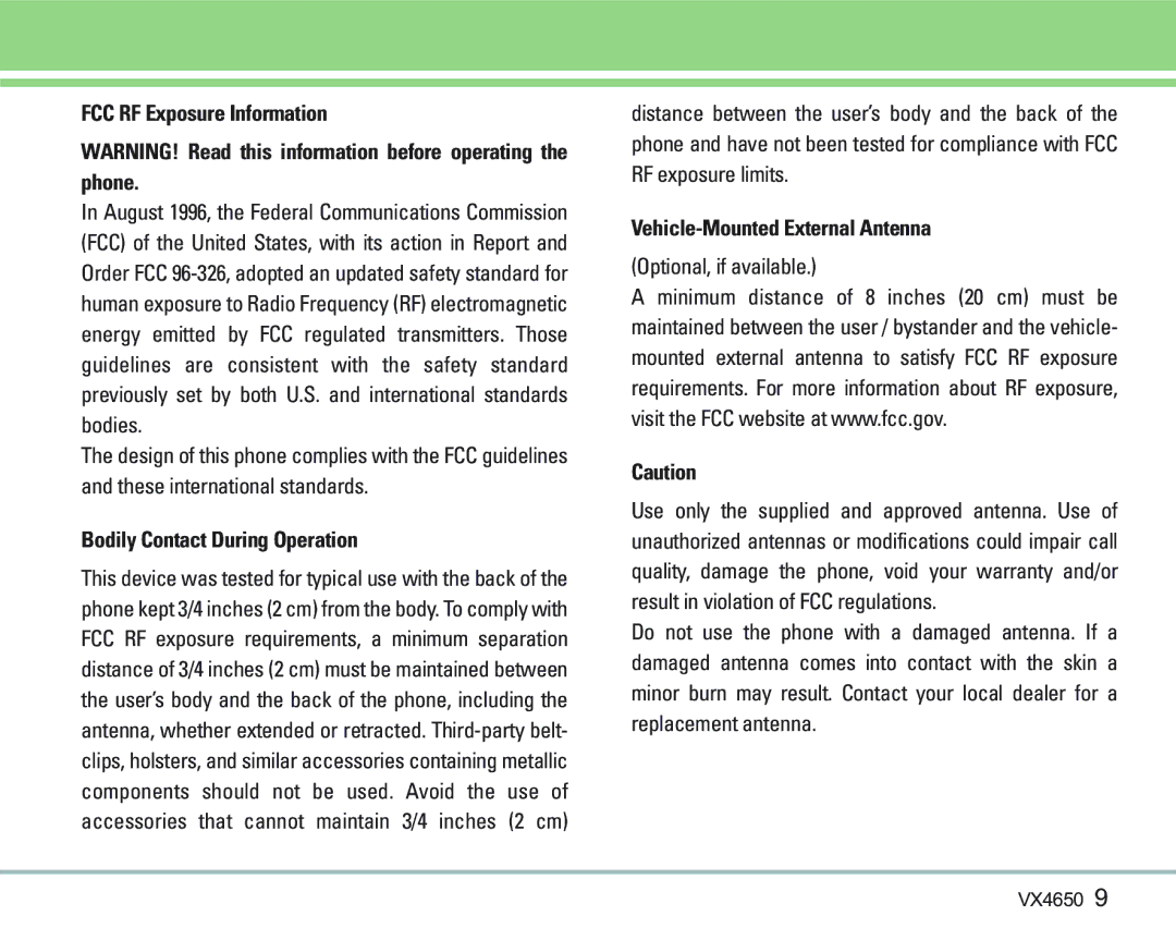 LG Electronics VX 4650 FCC RF Exposure Information, Bodily Contact During Operation, Vehicle-Mounted External Antenna 