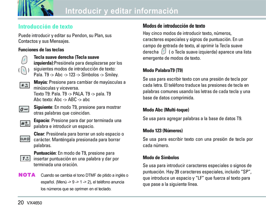 LG Electronics VX 4650 manual Introducir y editar información, Introducción de texto, Modos de introducción de texto 