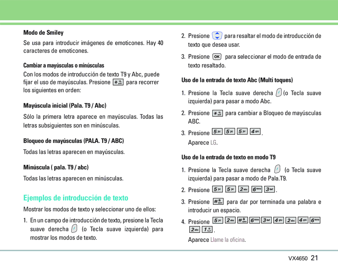 LG Electronics VX 4650 manual Ejemplos de introducción de texto 