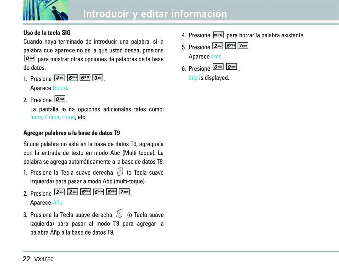 LG Electronics VX 4650 manual Uso de la tecla SIG, Agregar palabras a la base de datos T9 