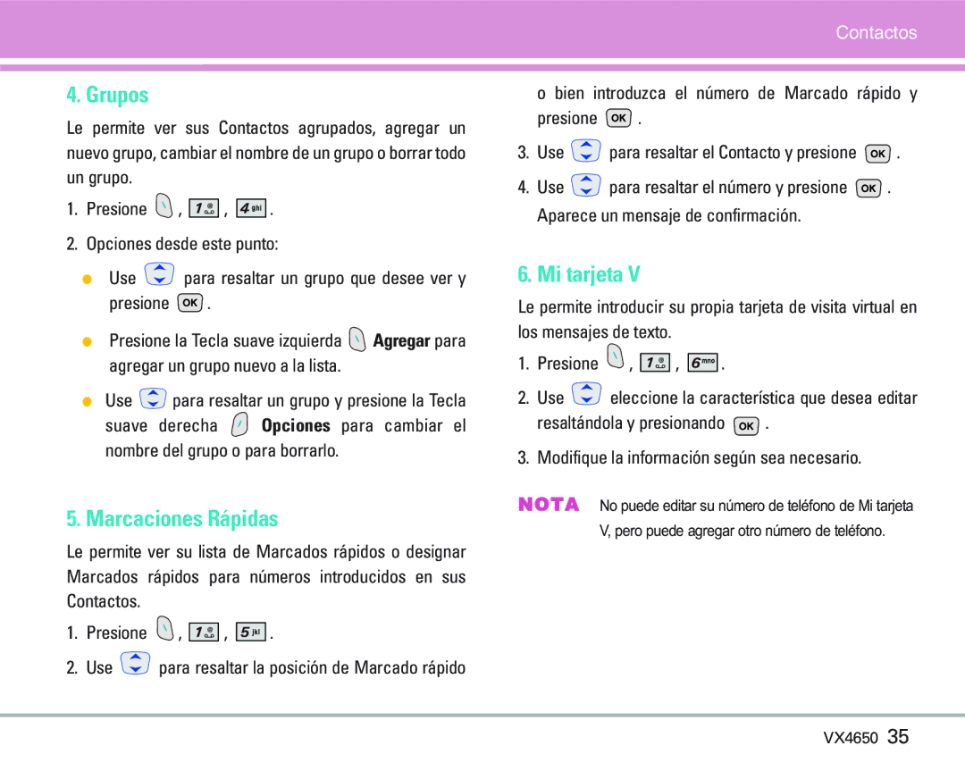 LG Electronics VX 4650 manual Grupos, Marcaciones Rápidas, Mi tarjeta 